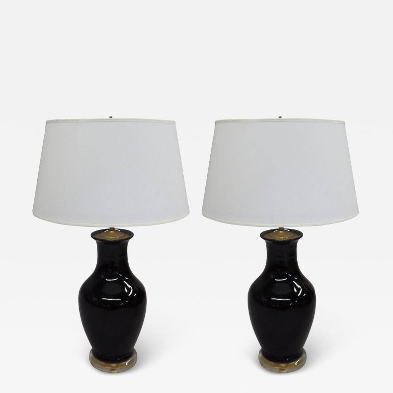 Pair of French Mid Century Modern Black Opaline Glass and Lucite Table Lamps
