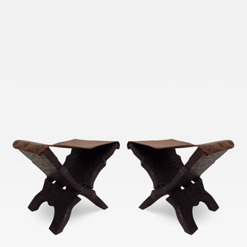 Pair of French Mid Century Modern Carved Wood and Leather Stools or Benches