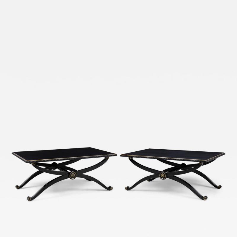 Pair of French Mid Century Style Black Lacquer Transitional Cross Base Cocktail