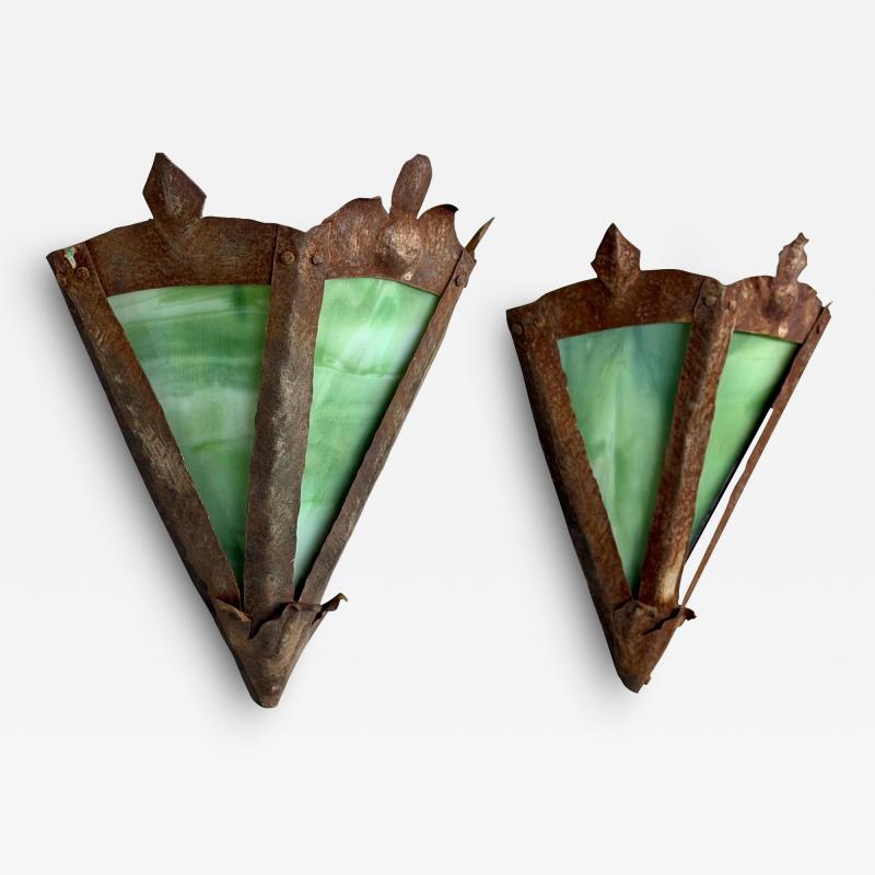 Pair of French Midcentury Modern Craftsman Stained Glass Wrought Iron Sconces