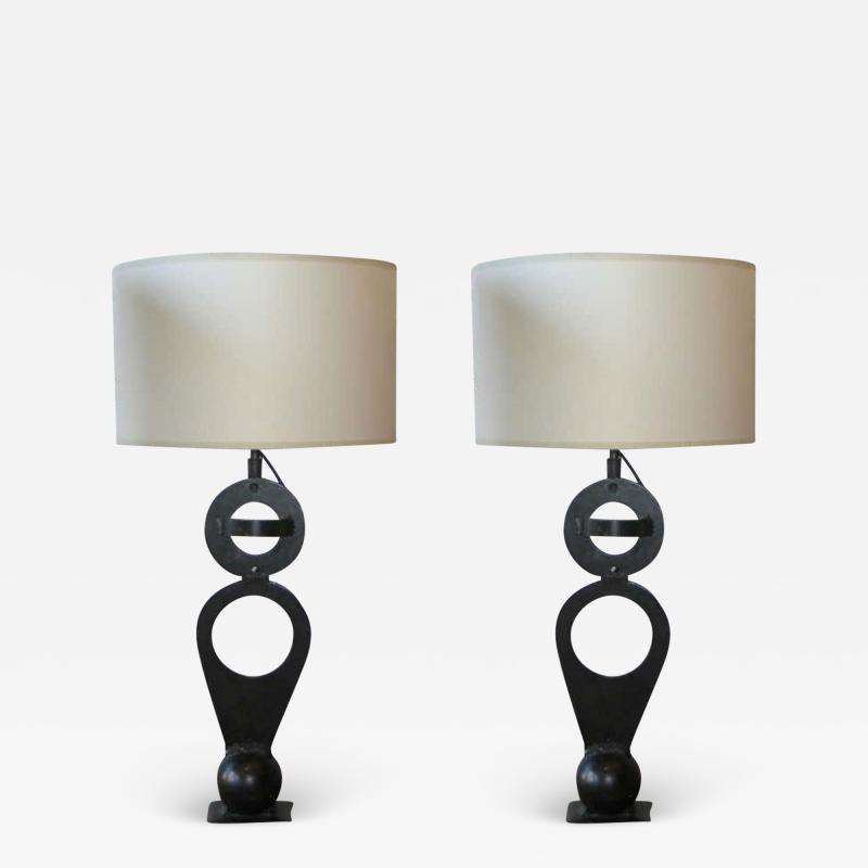 Pair of French Midcentury Wrought Iron Sculptural Table Lamps circa 1960