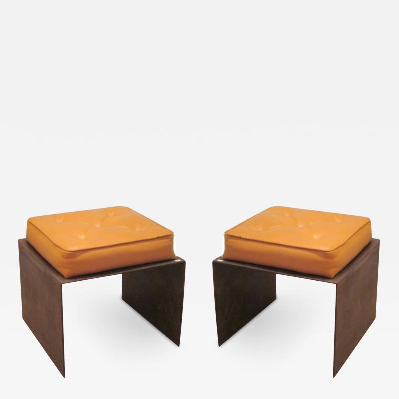 Pair of French Modernist Stools Benches in Wrought Iron with Upholstered Seats