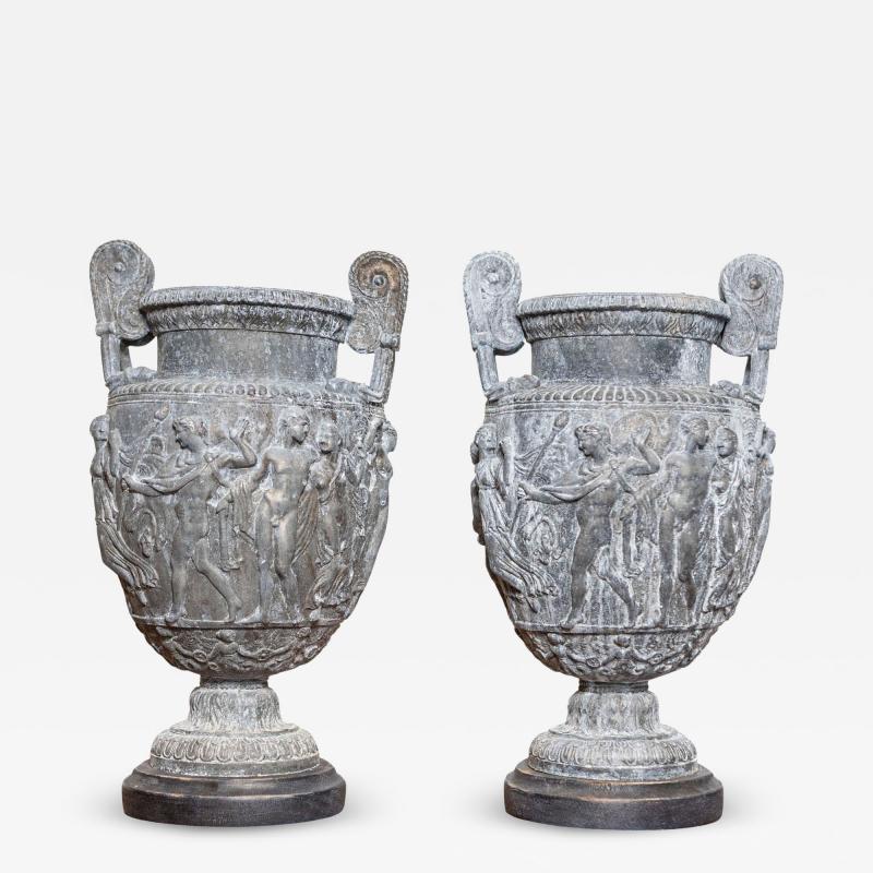 Pair of French Neoclassical 19th Century Baluster Urns with Low Relief D cor