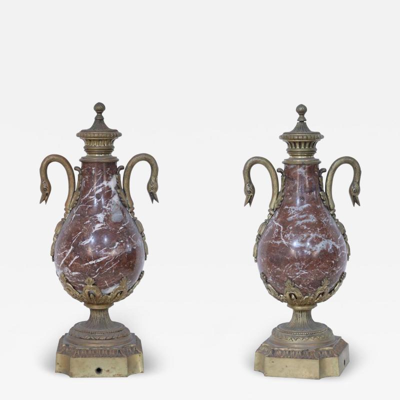 Pair of French Neoclassical Burgundy Marble and Bronze Decorative Urns