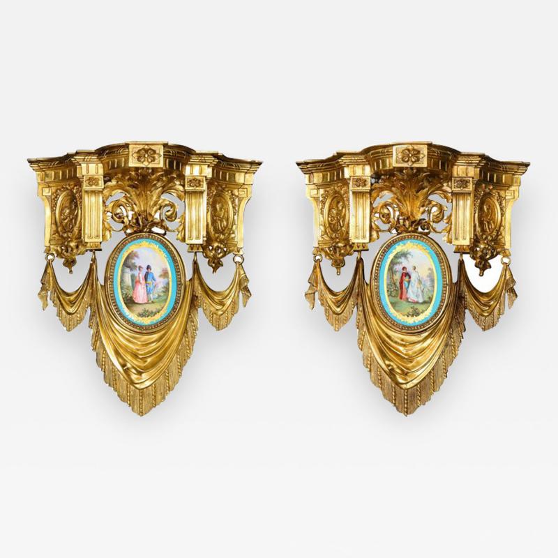 Pair of French Ormolu Bronze and Sevres Porcelain Wall Brackets Appliques