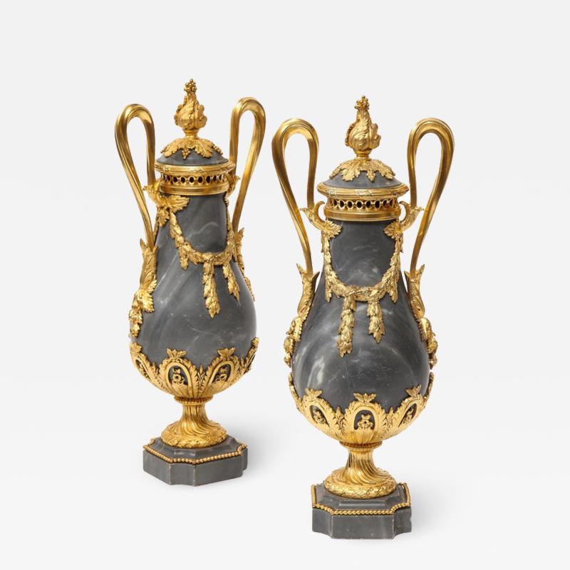 Pair of French Ormolu Mounted Bleu Turquin Marble Brule Parfums Vases