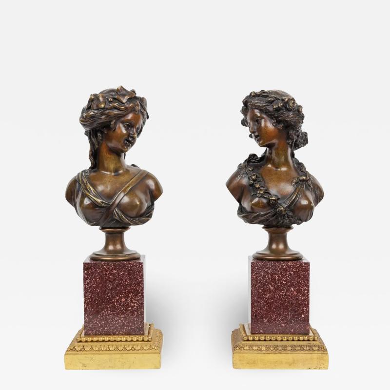 Pair of French Ormolu and Patinated Bronze Figural Busts on Porphyry Bases