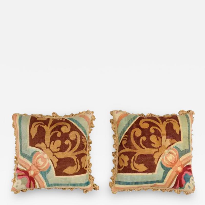 Pair of French Pillows Made of 19th Century Aubusson Tapestry with Floral D cor