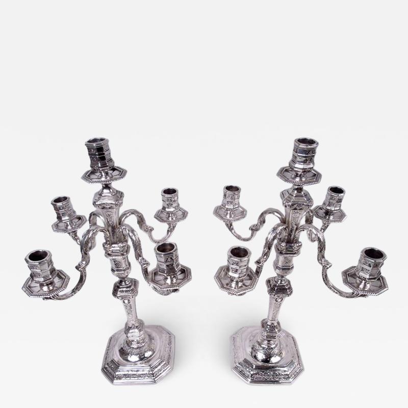 Pair of French Renaissance Revival Silver 5 Light Candelabra