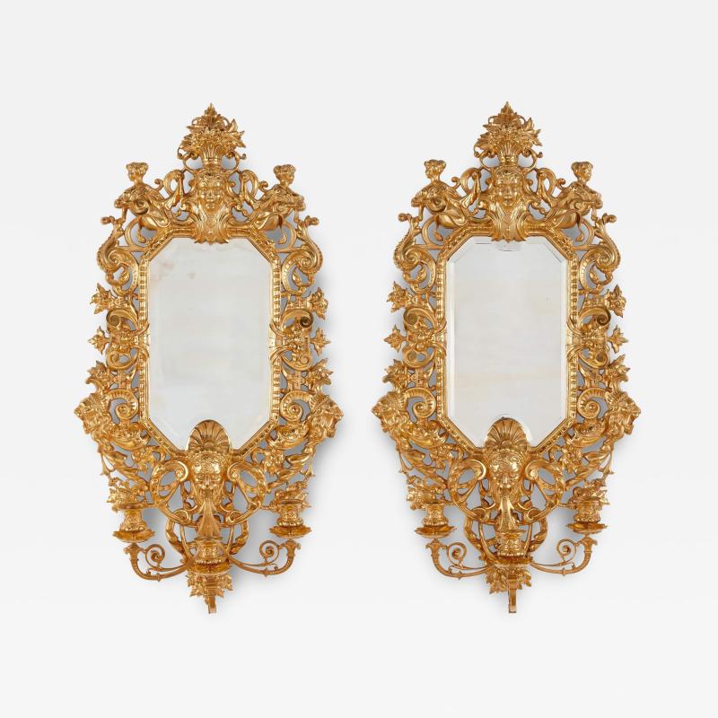 Pair of French Renaissance style Ormolu Wall Mirrors with Candelabra