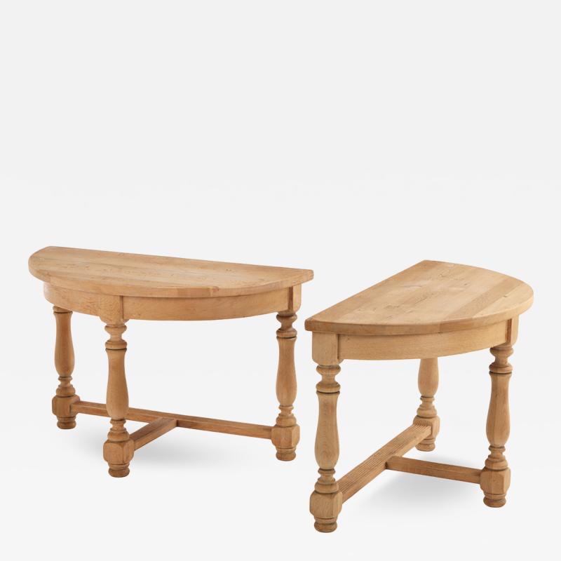 Pair of French Solid Oak Demilune Console Tables C 1950 