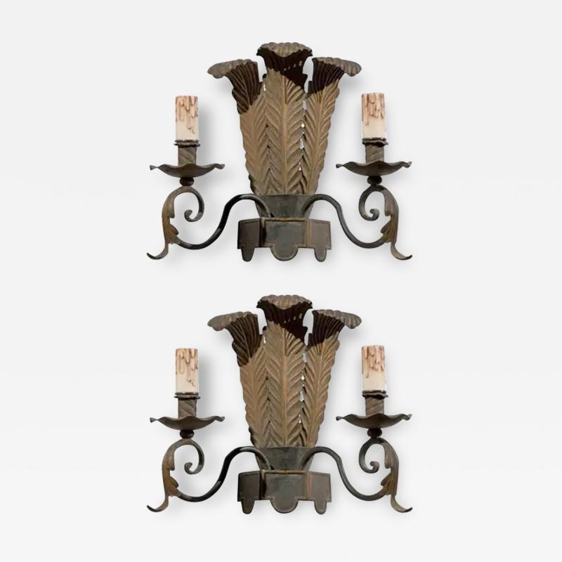 Pair of French T le Two Light Sconces with Ostrich Plume Motifs circa 1890