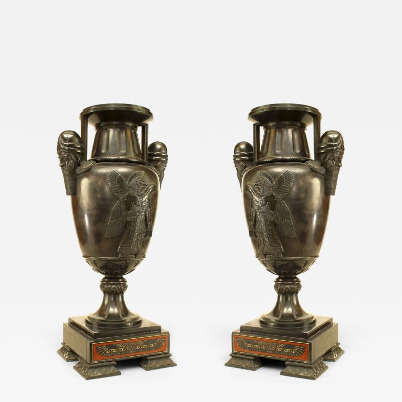 Pair of French Victorian Black Marble and Bronze Urns