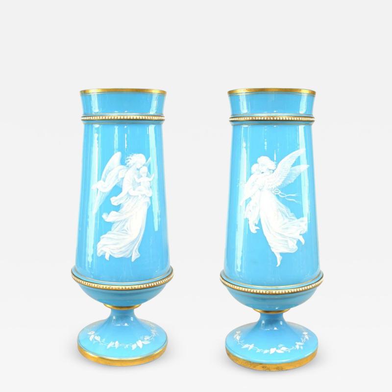 Pair of French Victorian Blue Opaline Angel Vases