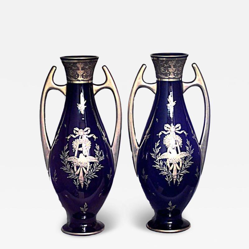 Pair of French Victorian Blue Porcelain Vases