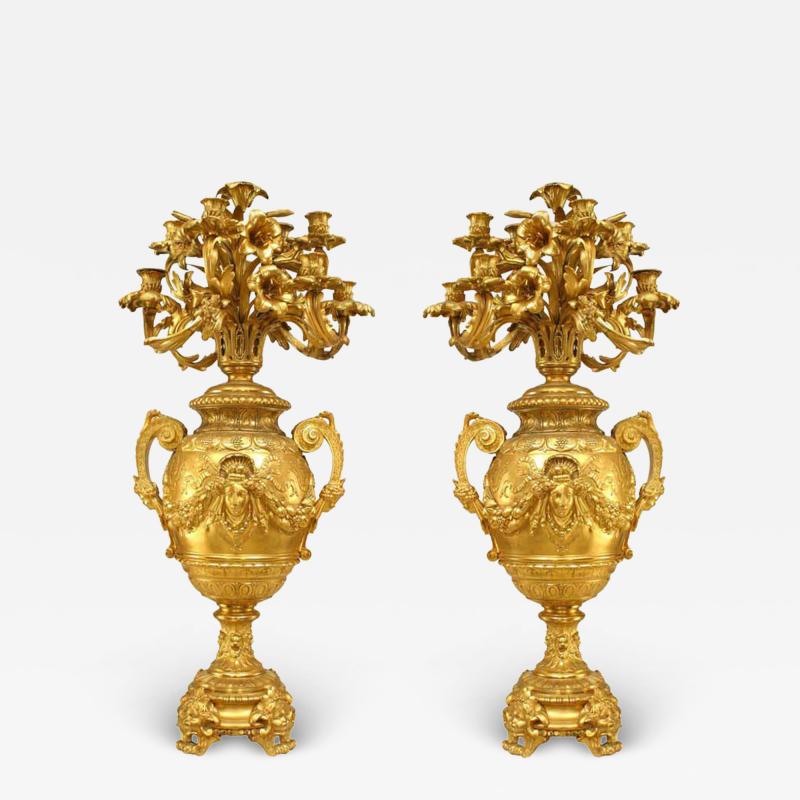 Pair of French Victorian Bronze Dore Urn Shaped Candelabras