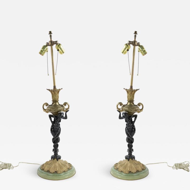 Pair of French Victorian Bronze and Onxy Table Lamps
