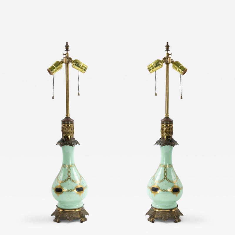 Pair of French Victorian Celadon Glass Table Lamps