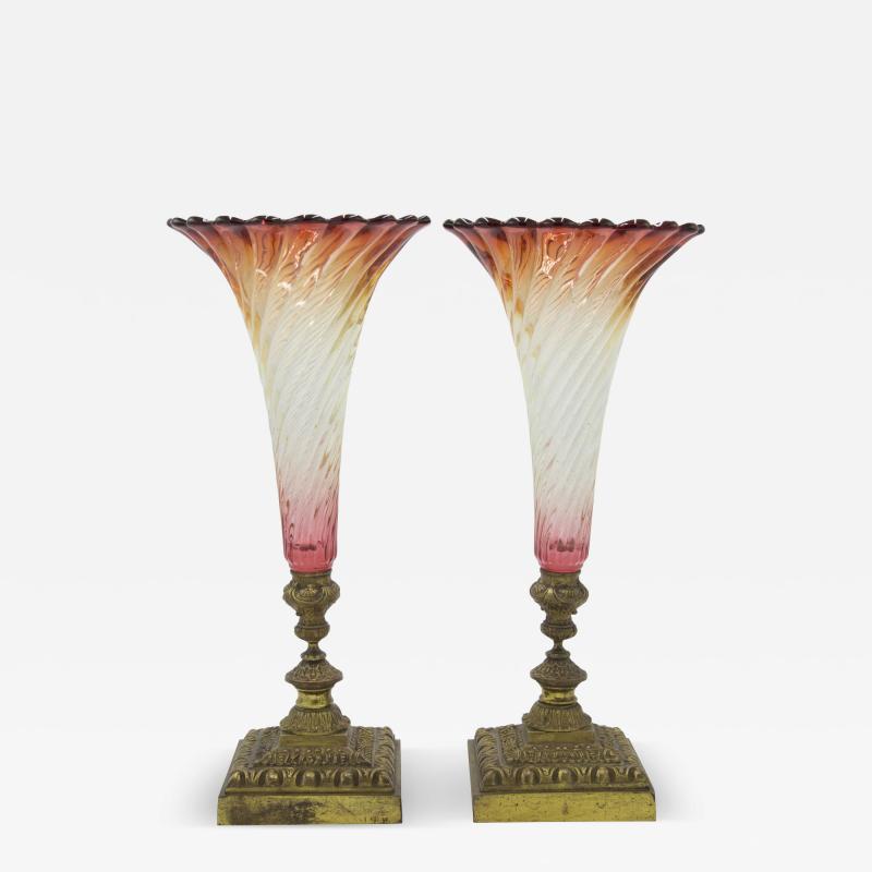 Pair of French Victorian Cranberry Swirl Glass Vases