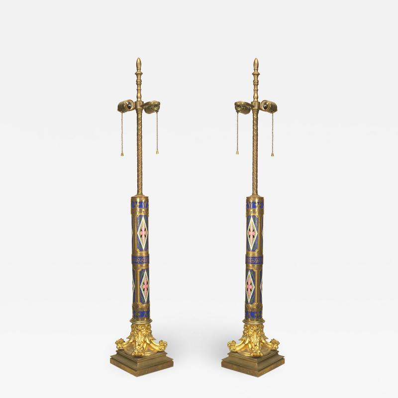 Pair of French Victorian Enamel Column Table Lamps