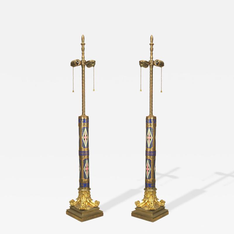 Pair of French Victorian Enamel Column Table Lamps