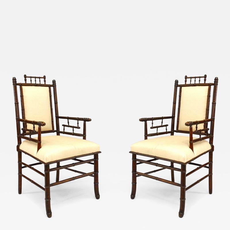Pair of French Victorian Faux Bamboo Stained Walnut Armchairs