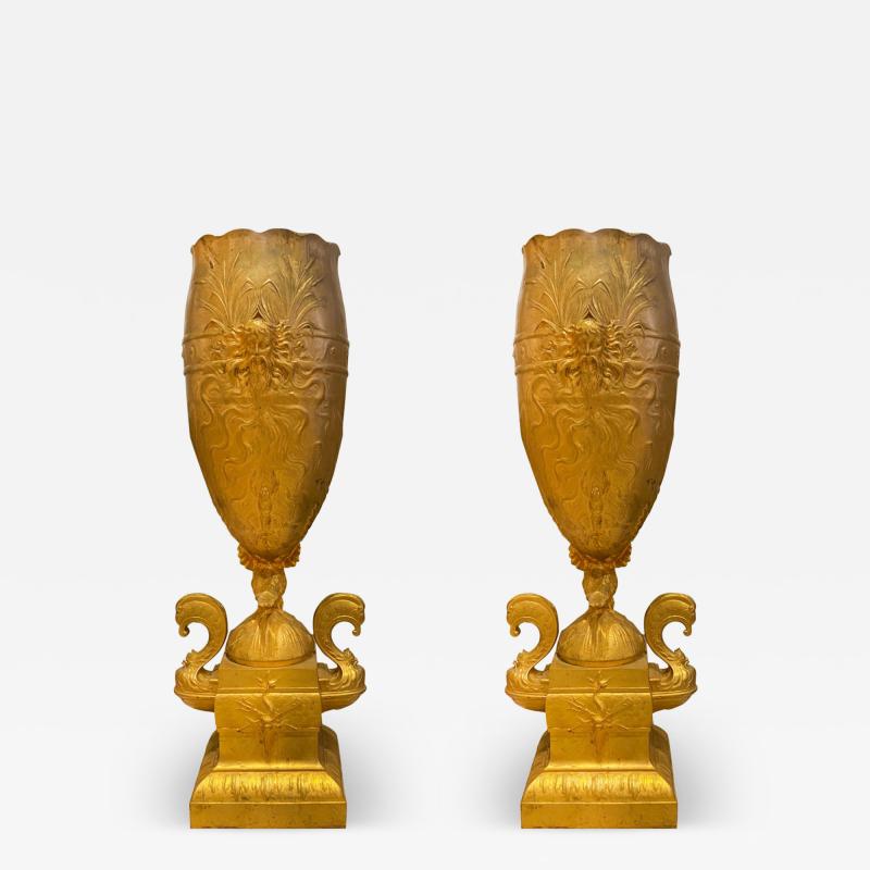 Pair of French Victorian Fugere Gilt Bronze Vases