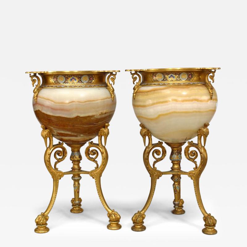 Pair of French Victorian Gilt Bronze and Onyx Footed Vases