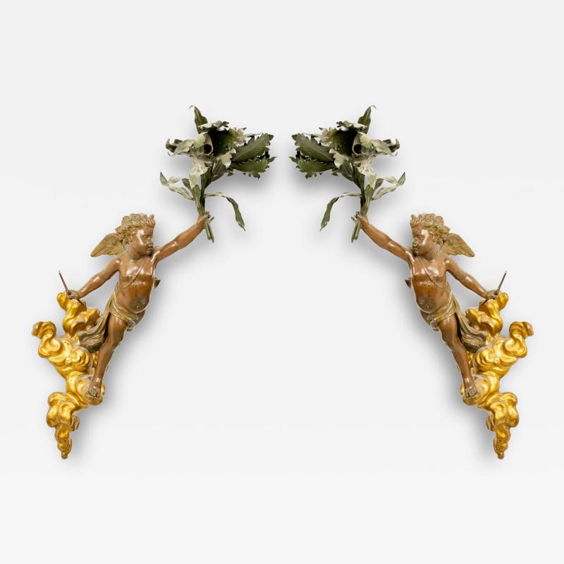 Pair of French Victorian Patinated Brass Cupid Wall Sconces
