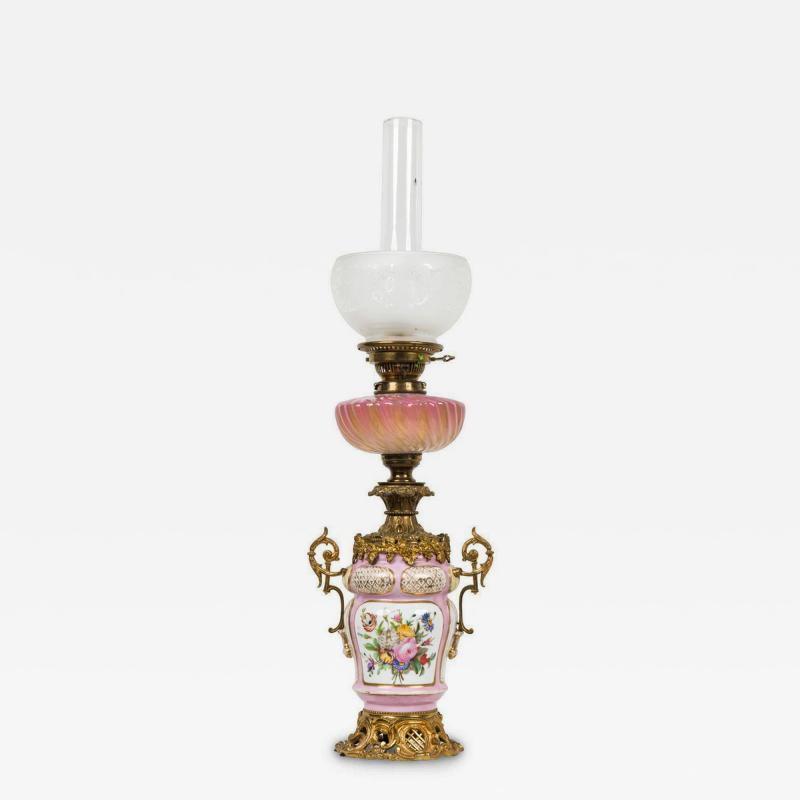 Pair of French Victorian Pink Sevres Porcelain Oil Lamps
