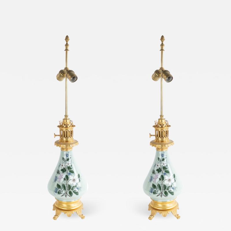 Pair of French Victorian Porcelain Celadon Table Lamps