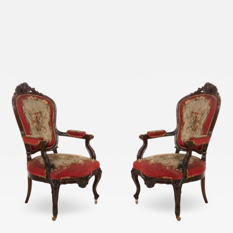 Pair of French Victorian Red Floral Arm Chairs