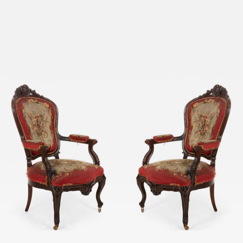 Pair of French Victorian Red Floral Armchairs