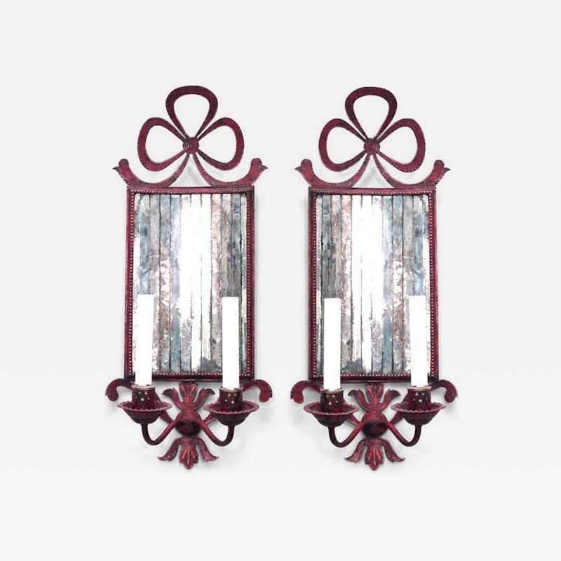 Pair of French Victorian Red Tole and Mirror Bow Knot Wall Sconces
