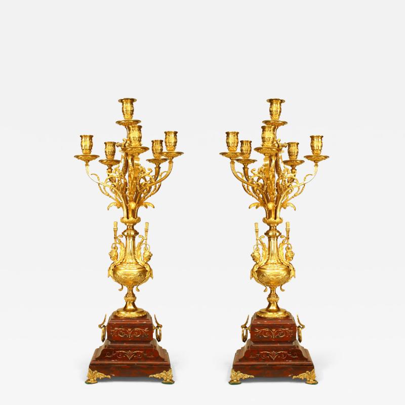 Pair of French Victorian Rouge Marble and Bronze Candelabra