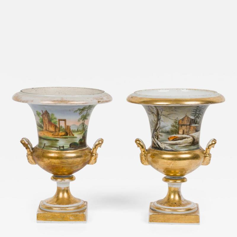 Pair of French Victorian Sevre Compagna Gilt and Painted Porcelain Urns
