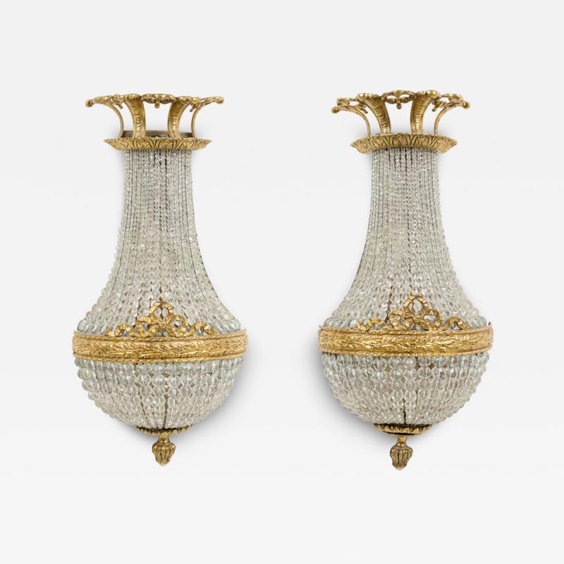 Pair of French Victorian Style Bronze and Crystal Wall Lights Sconces