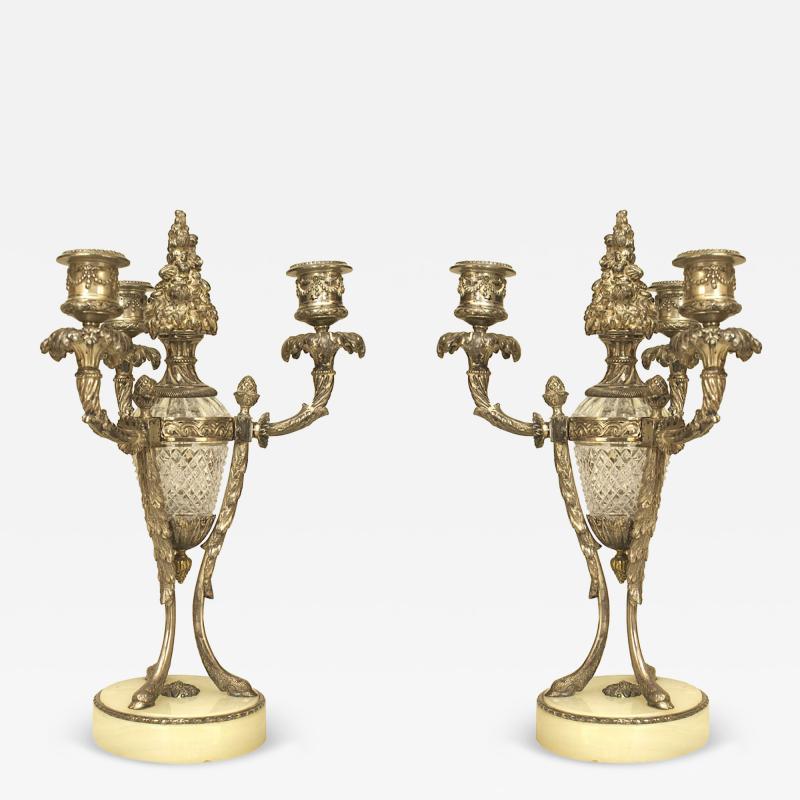 Pair of French Victorian Style Bronze and Glass Candelabras