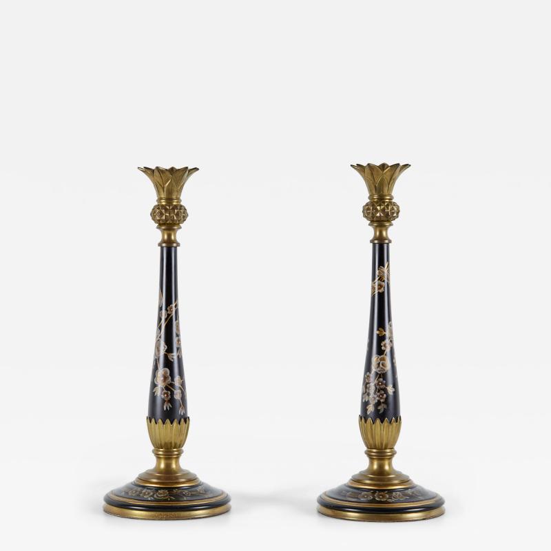 Pair of French Victorian Style Bronze and Hand Painted Floral Patterned Wood Can