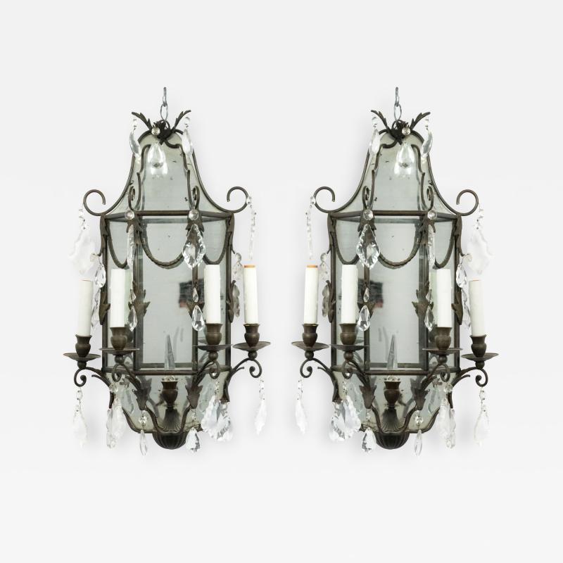 Pair of French Victorian Style Mirrored Irons and Crystal Wall Sconces