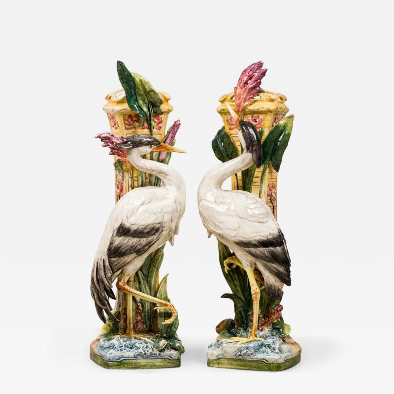 Pair of French Victorian tall heron design Majolica porcelain vases