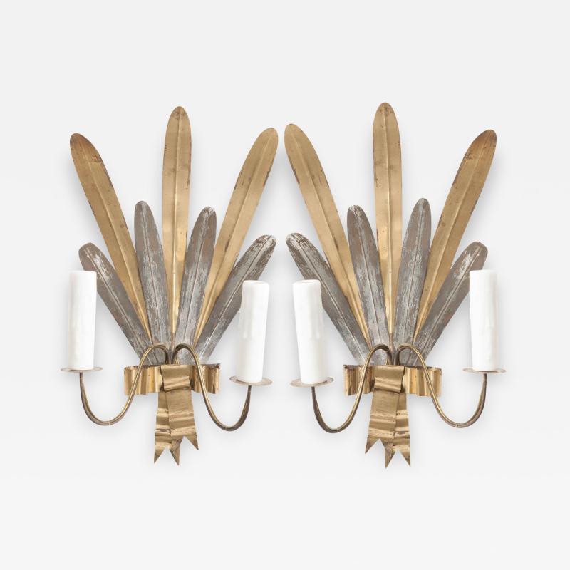 Pair of French Vintage Gilt And Silvered Metal Cattail Leaf Sconces