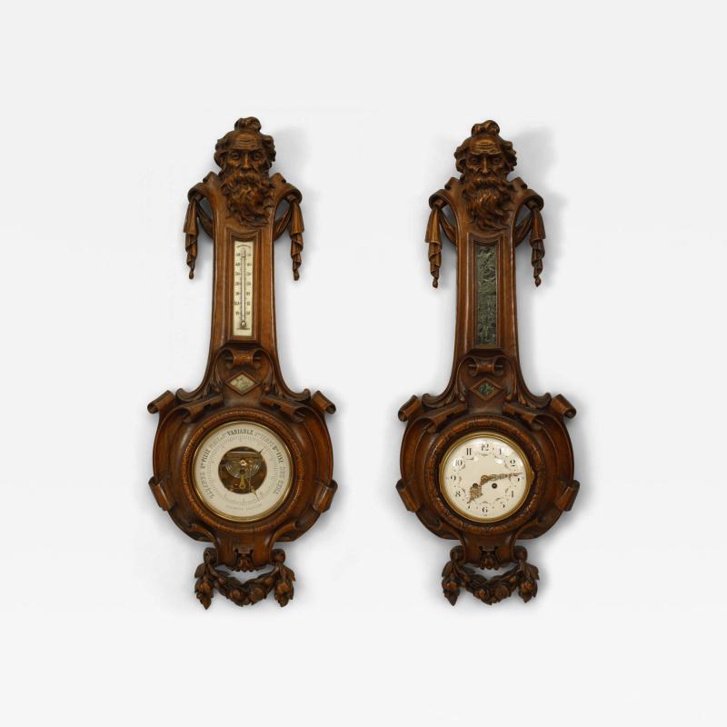 Pair of French Walnut Clocks Barometers