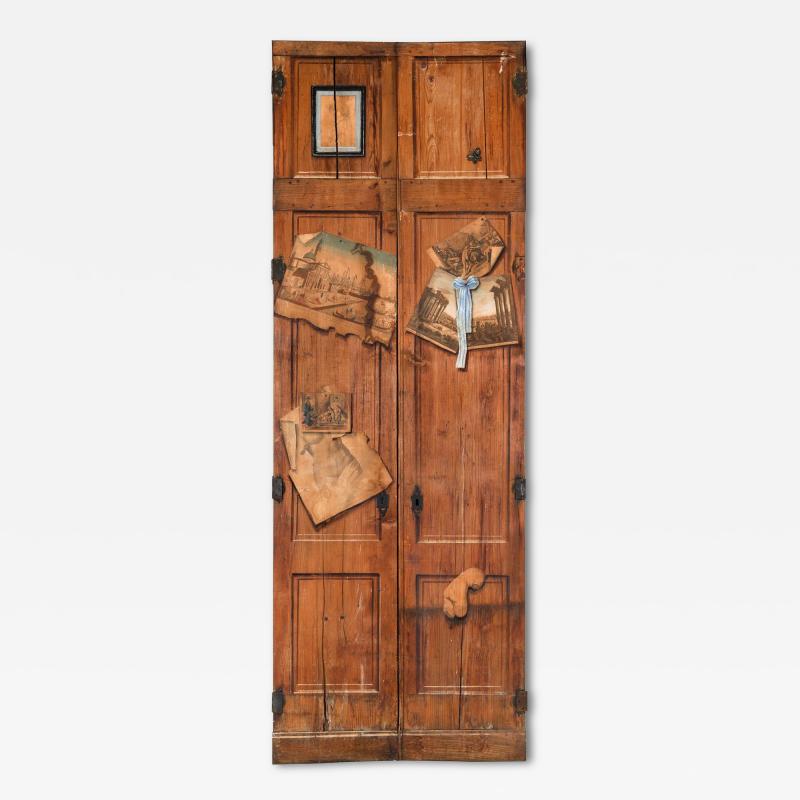 Pair of French Worn Pine Decoupage Trompe Loeil Doors