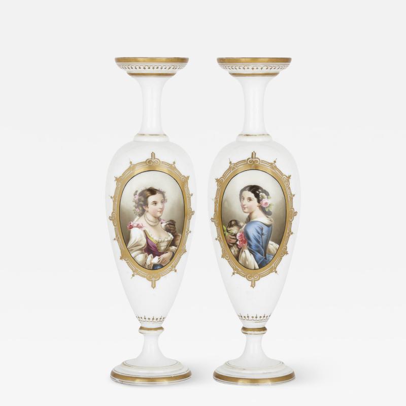 Pair of French glass vases painted with portraits