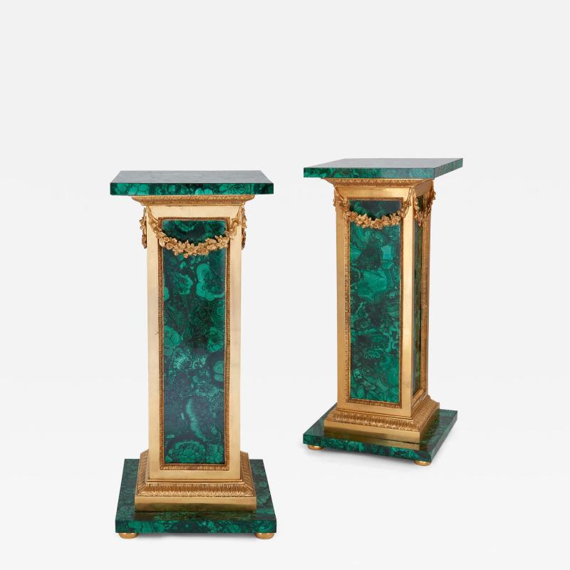 Pair of French malachite and ormolu pedestals