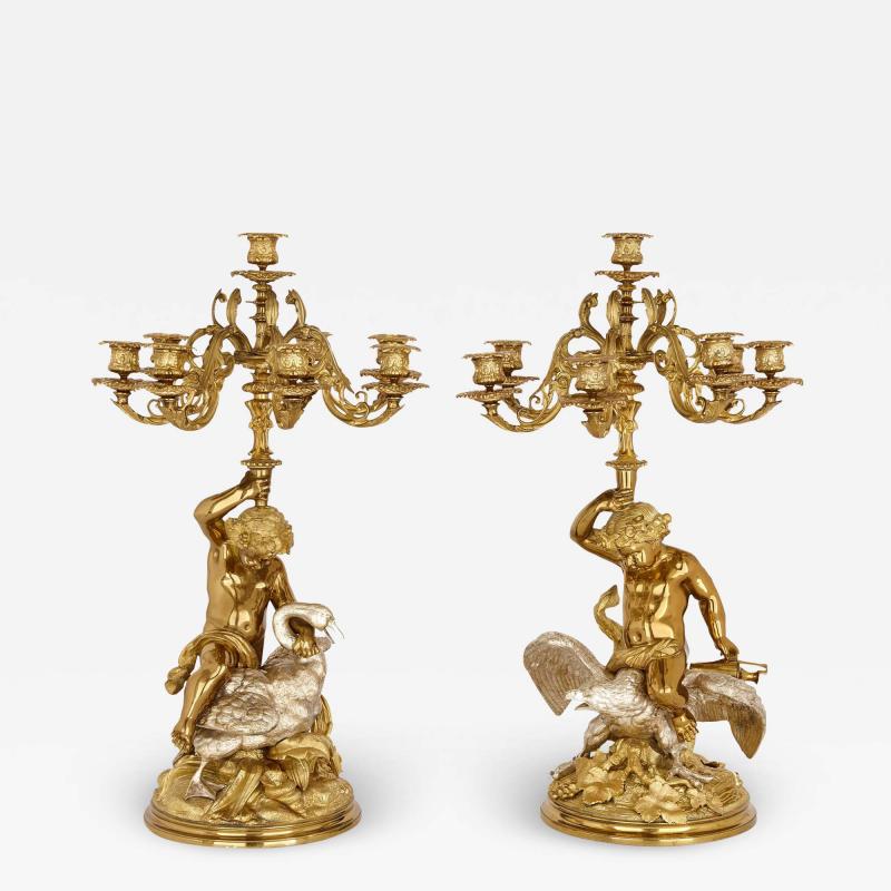 Pair of French silvered and gilt bronze candelabra