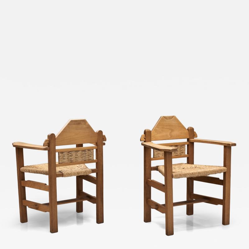Pair of Geometric Armchairs with Woven Wicker Elements Europe Mid 20th Century