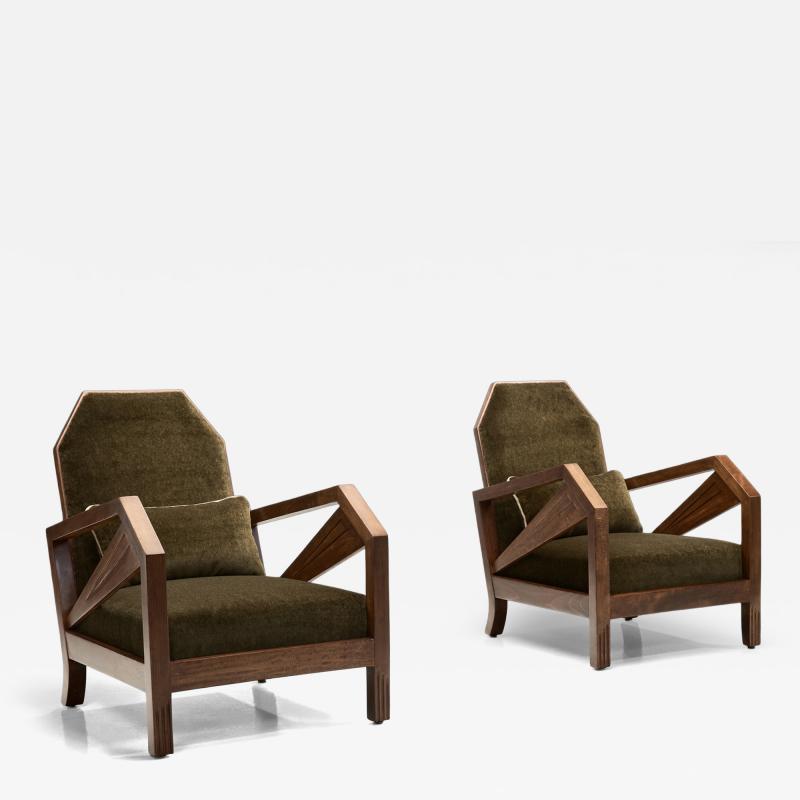 Pair of Geometric Art Deco Armchairs with Beech Frames France 1930s