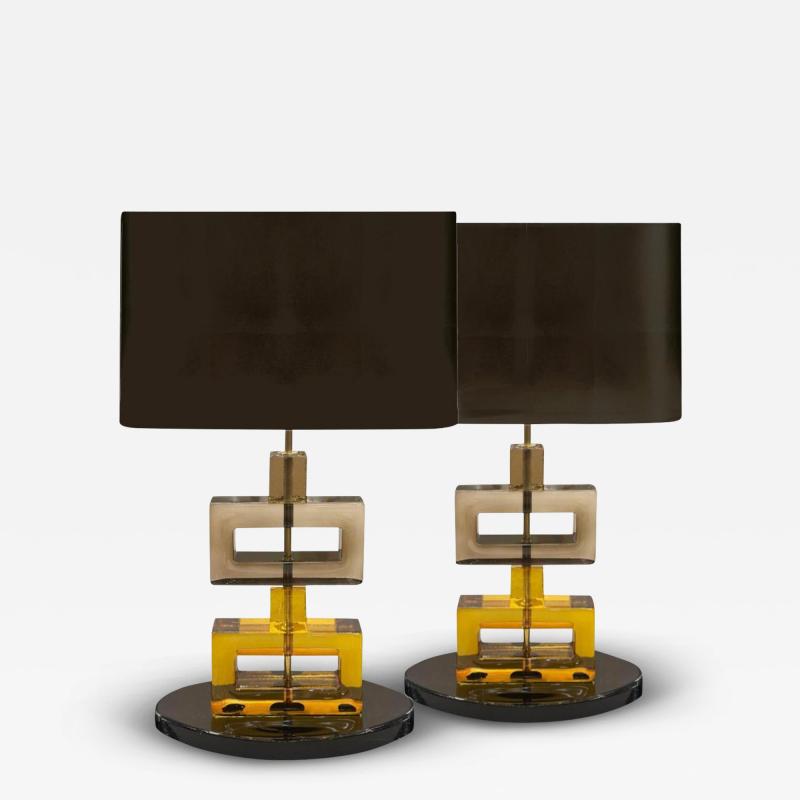 Pair of Geometric Stacked Murano Glass Block Table Lamps